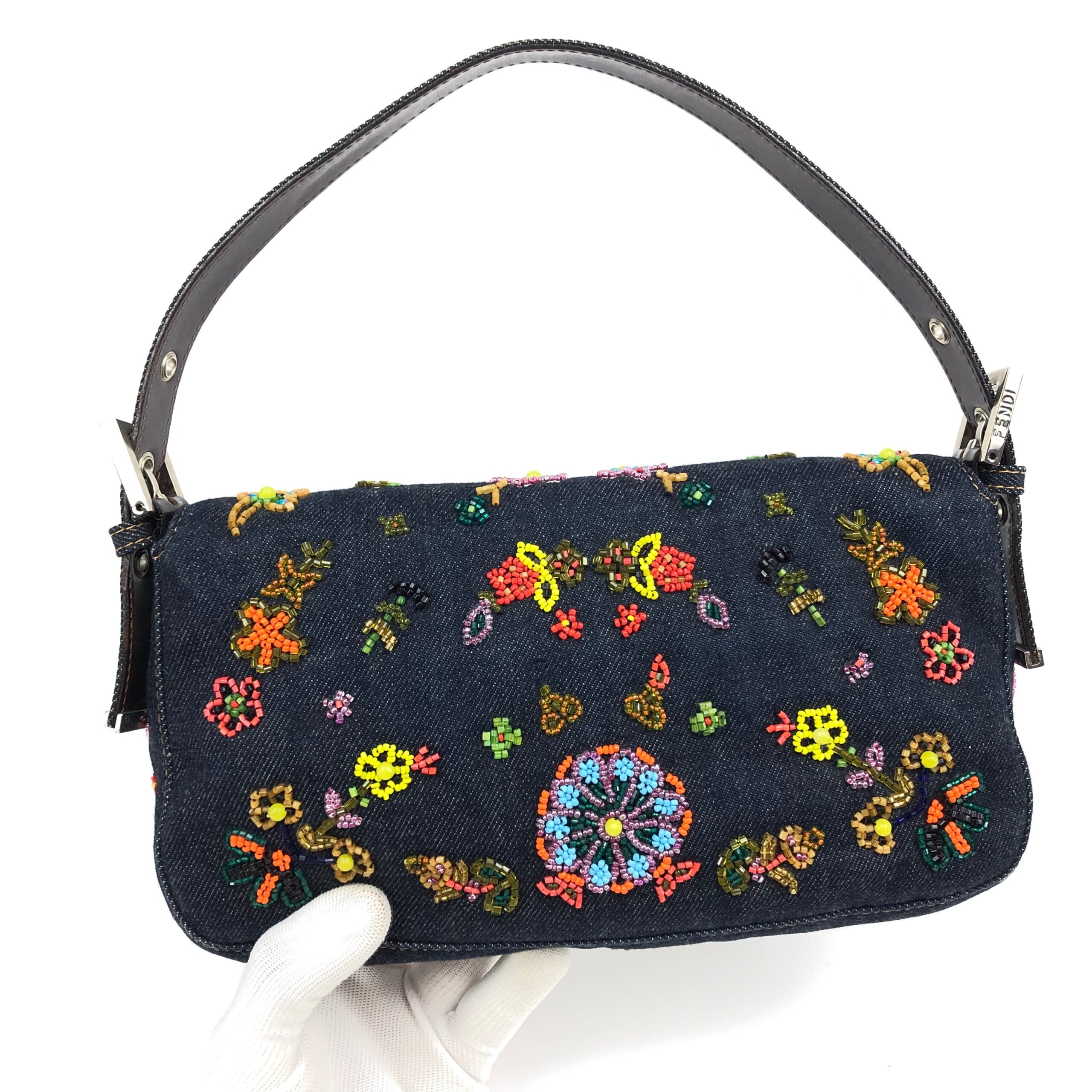 FENDI DENIM FLORAL BEADED BAGUETTE BAG