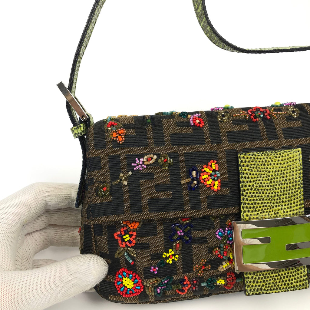 FENDI ZUCCA FLORAL BEADED BAGUETTE BAG WITH EXOTIC LIZARD DETAILING