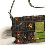 FENDI ZUCCA FLORAL BEADED BAGUETTE BAG WITH EXOTIC LIZARD DETAILING
