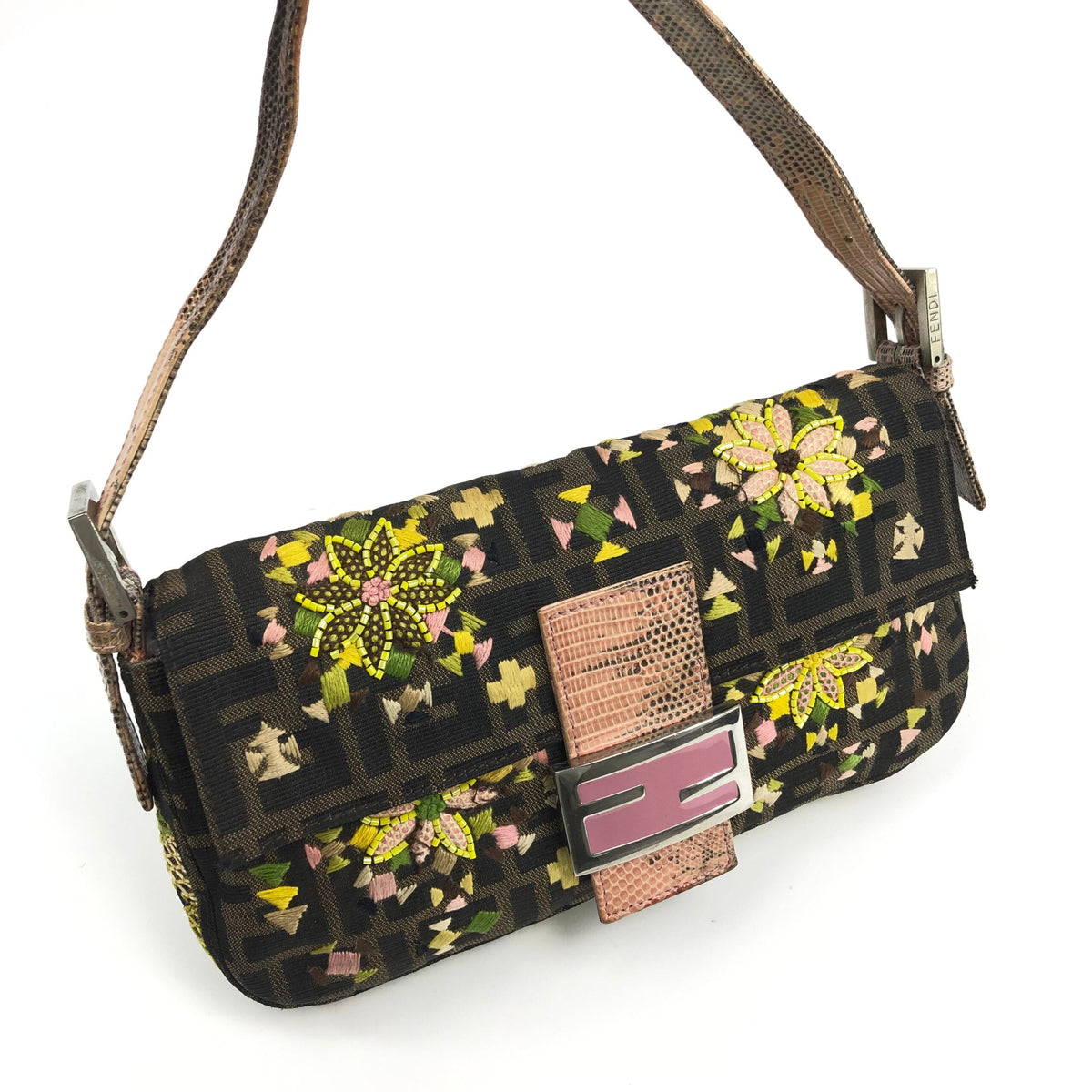 FENDI ZUCCA BEADED BAGUETTE BAG WITH EXOTIC LIZARD DETAILING