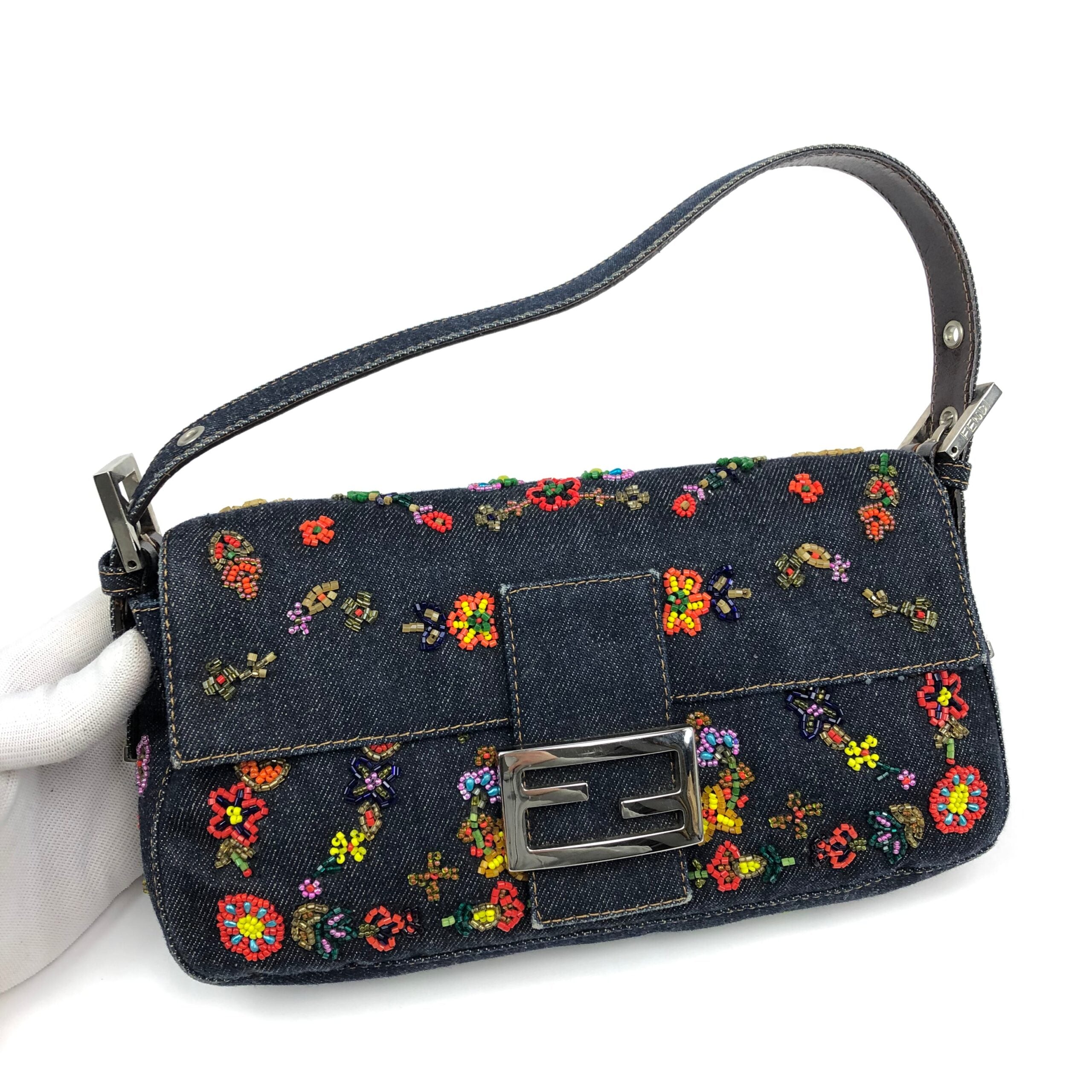 FENDI DENIM FLORAL BEADED BAGUETTE BAG