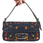 FENDI DENIM FLORAL BEADED BAGUETTE BAG