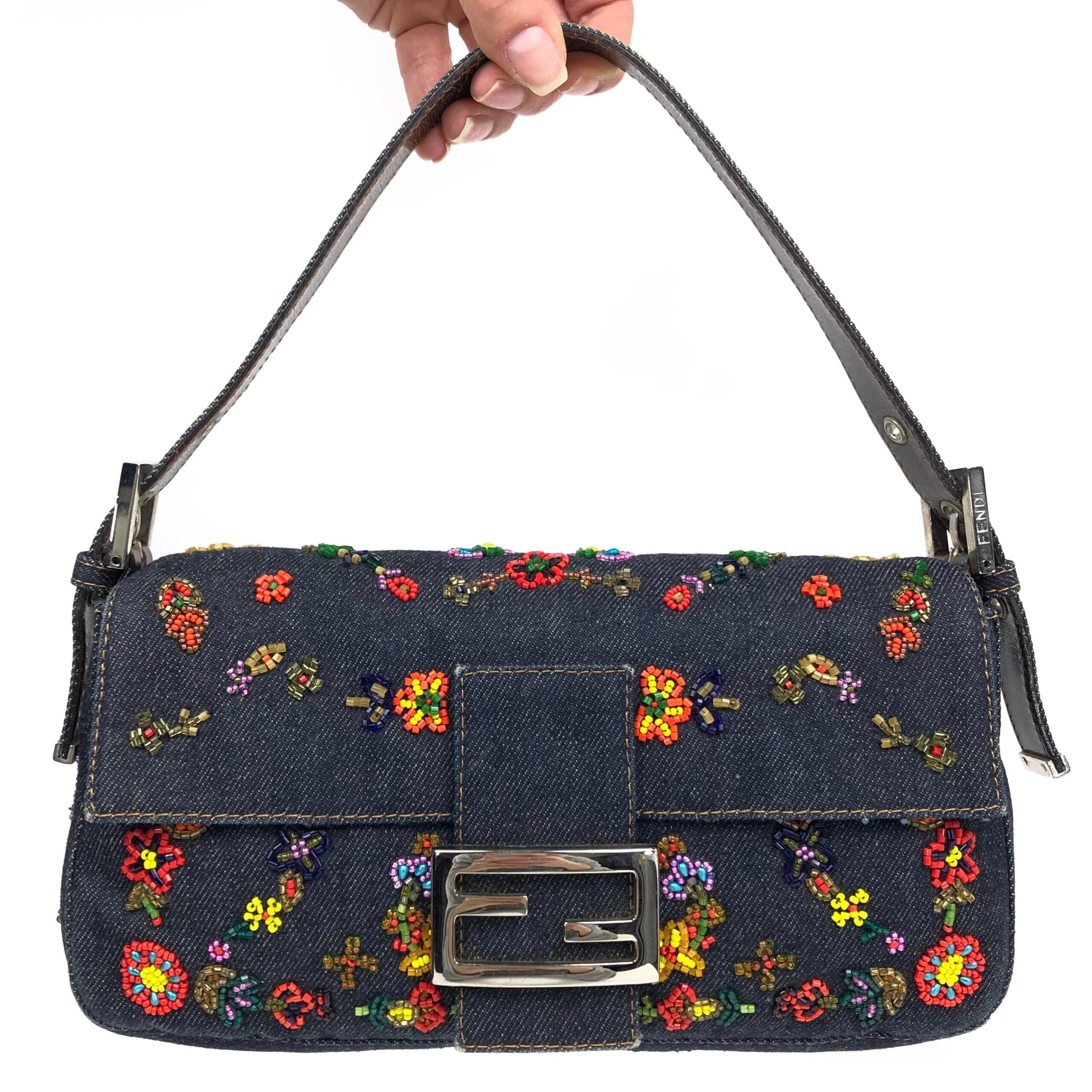 FENDI DENIM FLORAL BEADED BAGUETTE BAG
