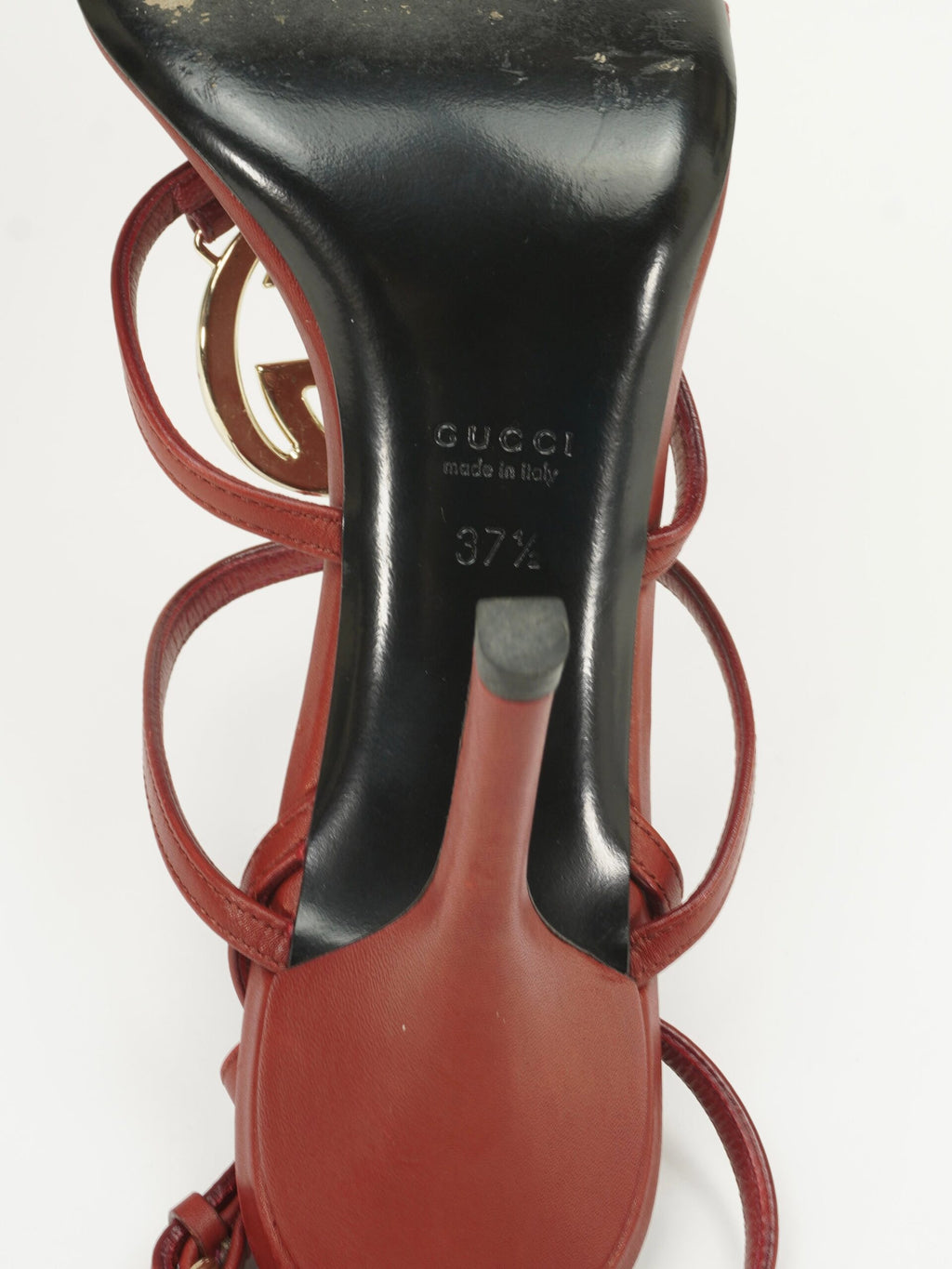 GUCCI RED LEATHER INTERLOCKING G STRAPPY HEELS