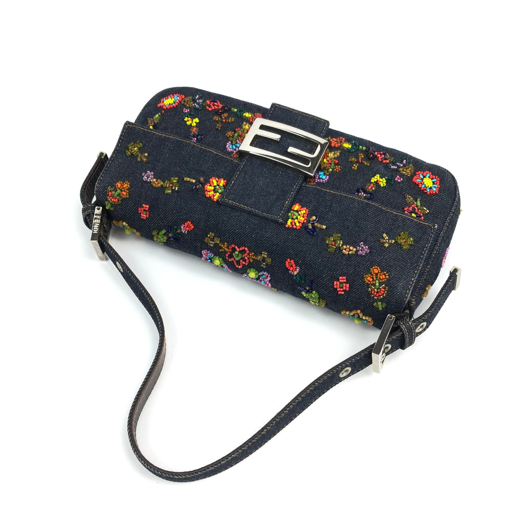 FENDI DENIM FLORAL BEADED BAGUETTE BAG