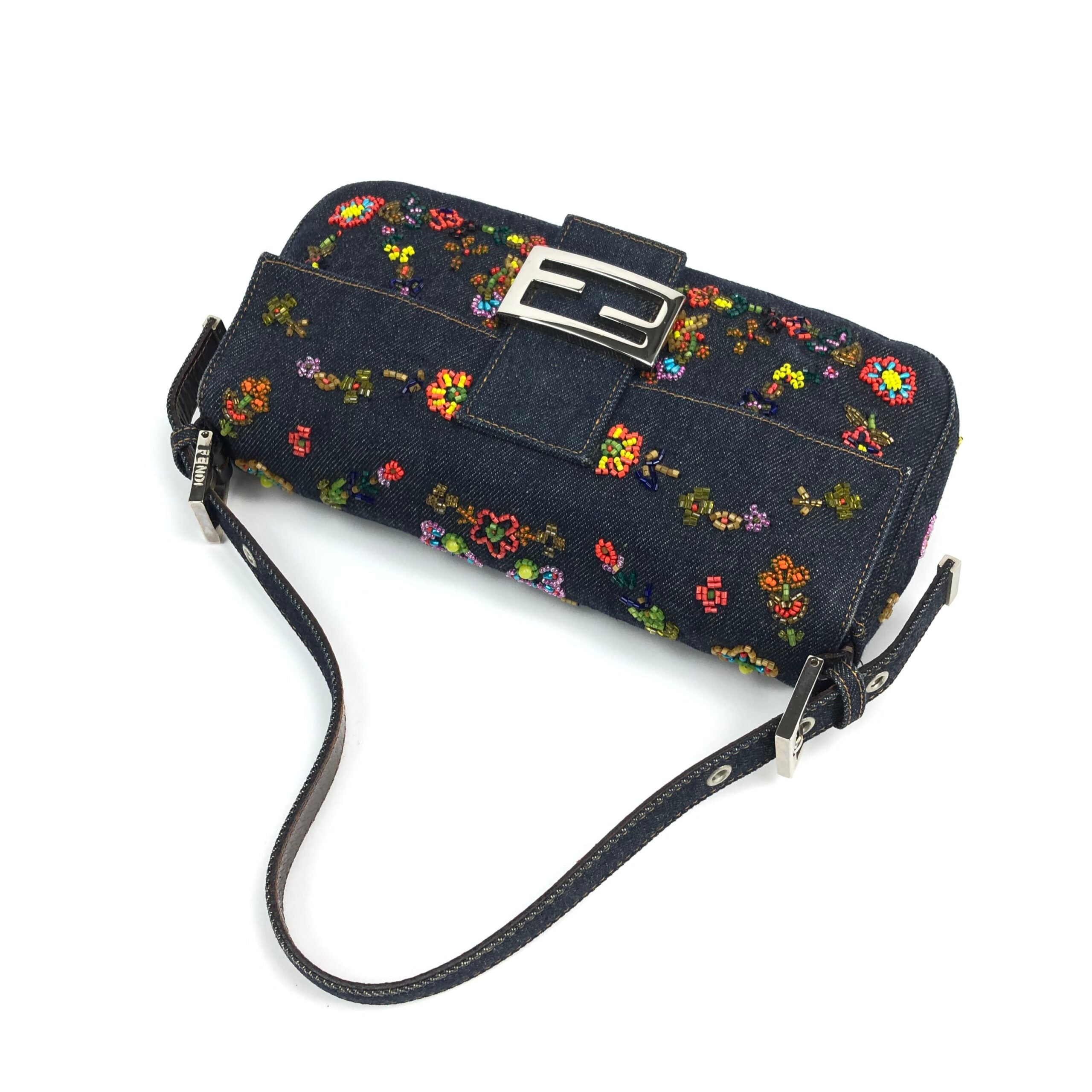 FENDI DENIM FLORAL BEADED BAGUETTE BAG
