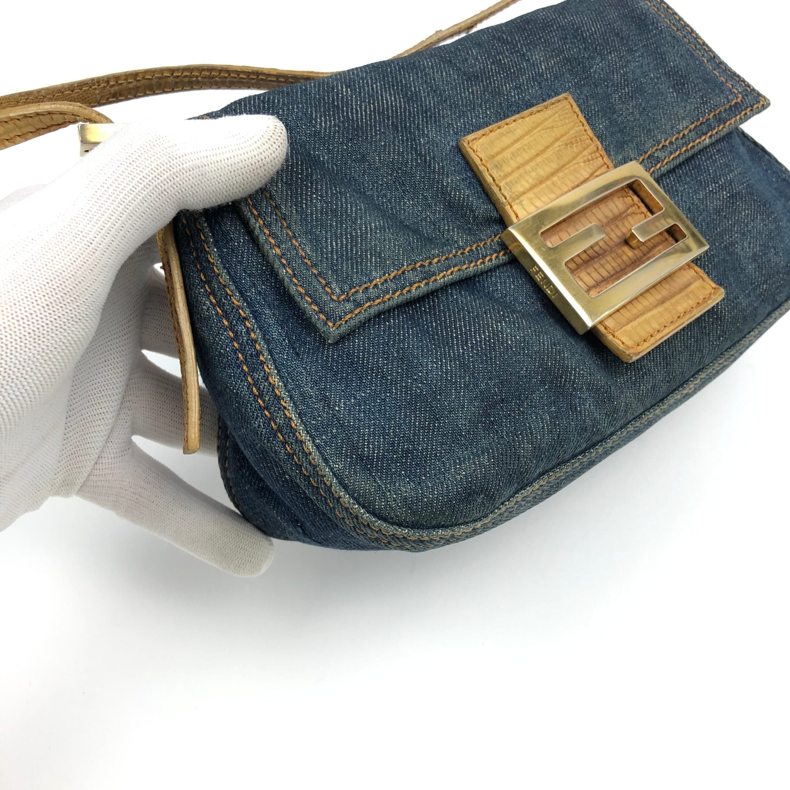 FENDI DENIM BAGUETTE BAG WITH EXOTIC LIZARD DETAILING