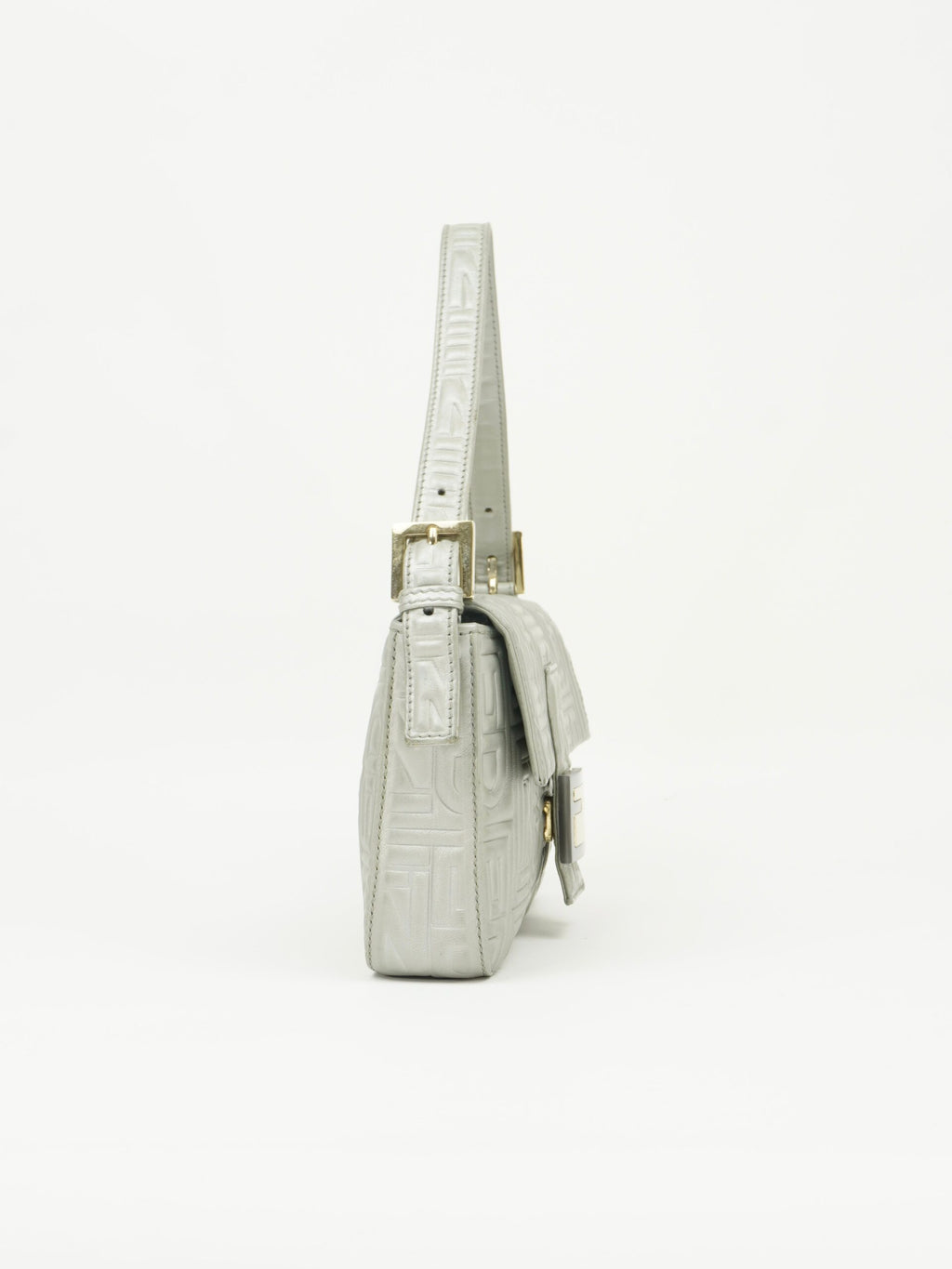 FENDI SILVER LEATHER LOGO BAGUETTE