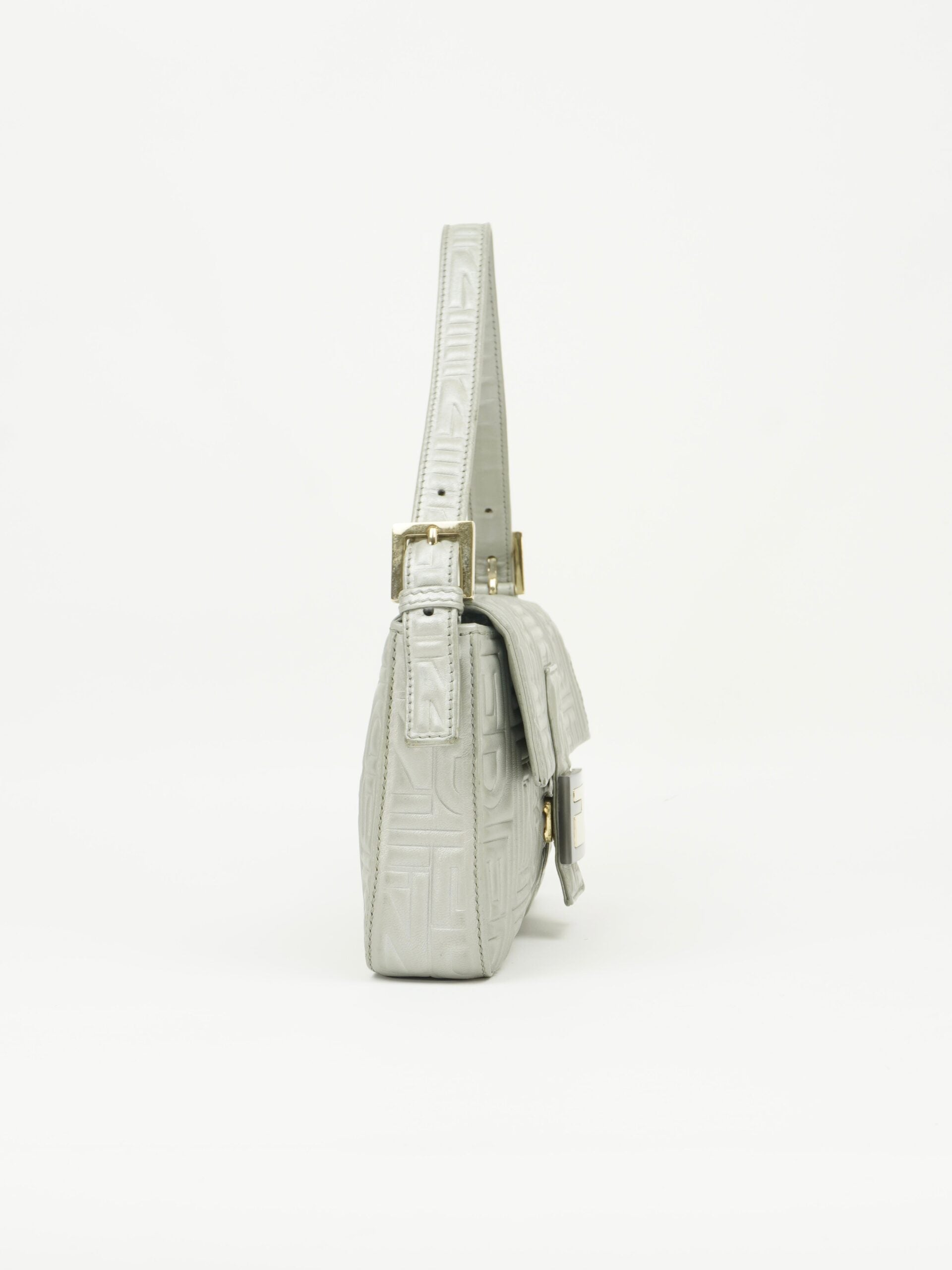 FENDI SILVER LEATHER LOGO BAGUETTE