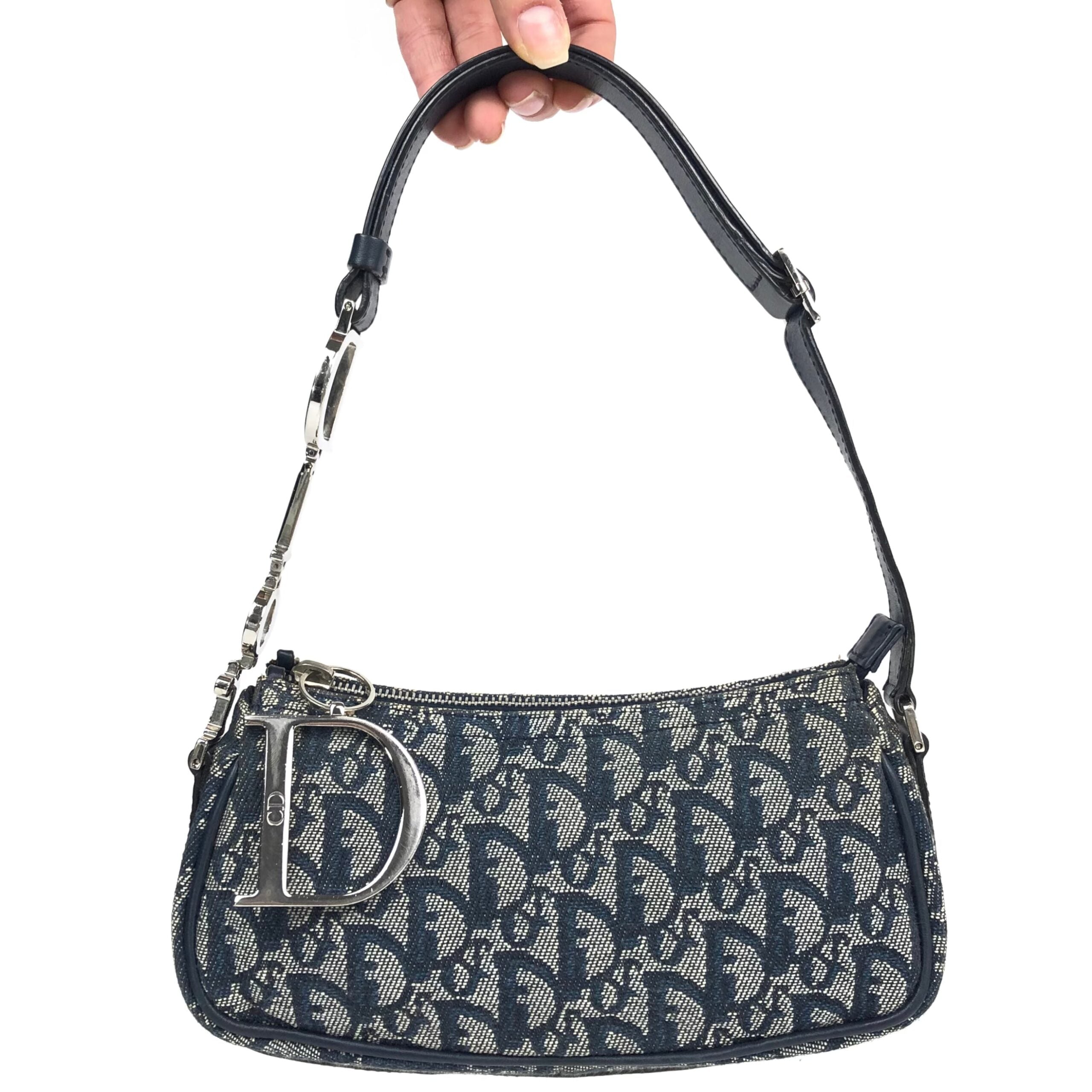 CHRISTIAN DIOR MONOGRAM SHOULDER BAG WITH SILVER DETAILING