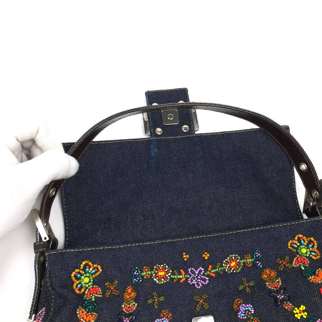 FENDI DENIM FLORAL BEADED BAGUETTE BAG