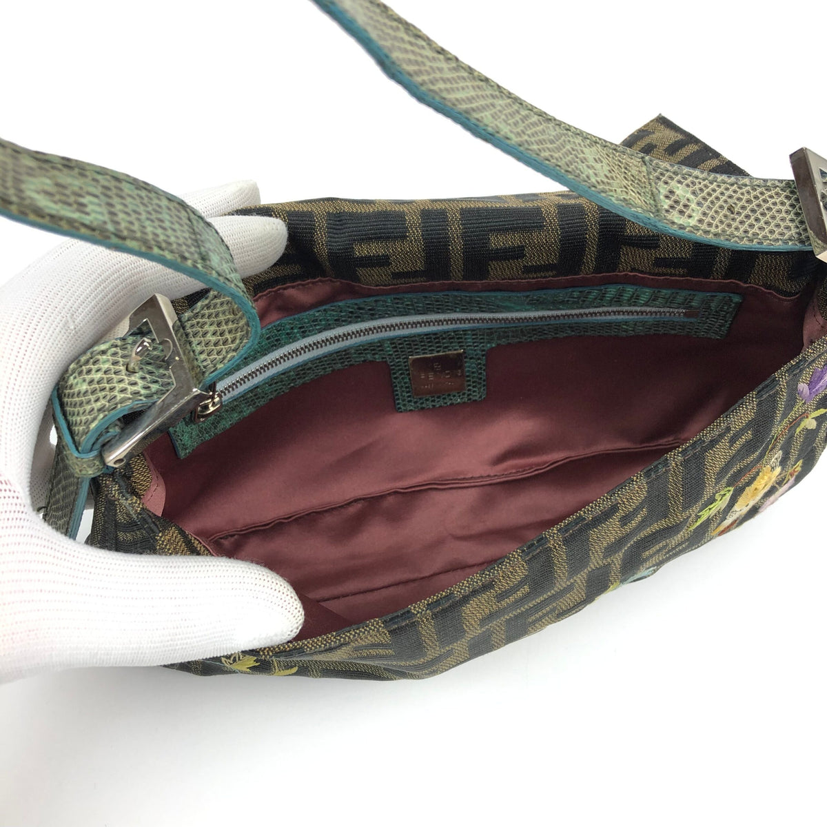 FENDI ZUCCA FLORAL EMBROIDERED BAGUETTE BAG WITH EXOTIC LIZARD DETAILING