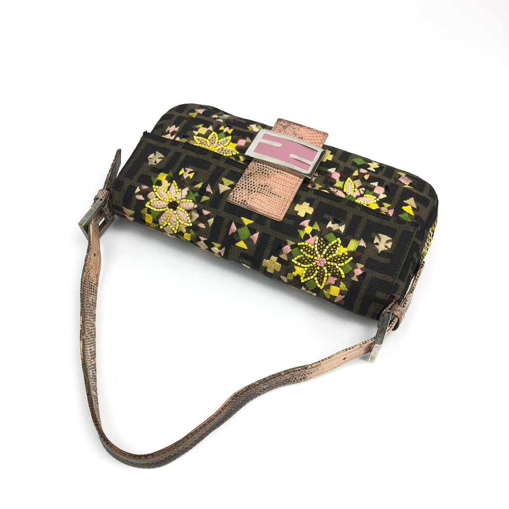 FENDI ZUCCA BEADED BAGUETTE BAG WITH EXOTIC LIZARD DETAILING