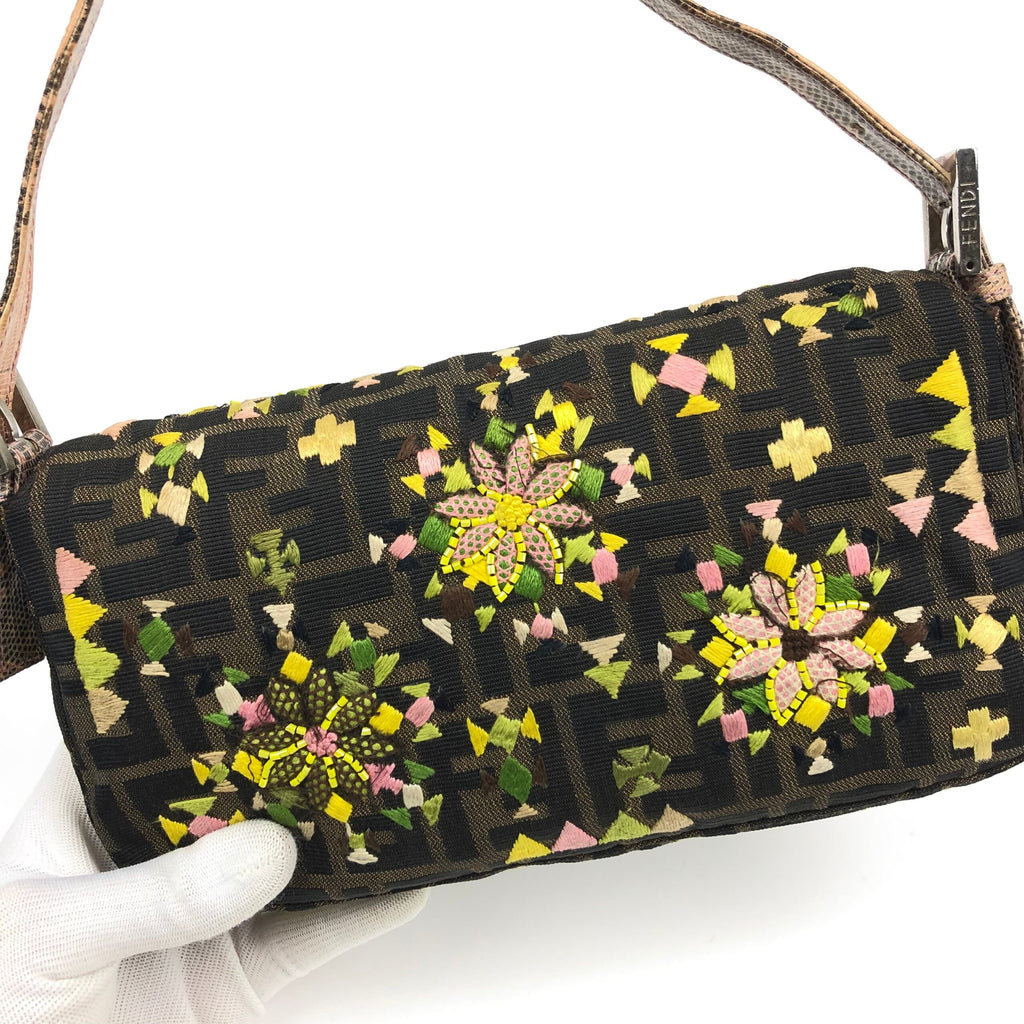 FENDI ZUCCA BEADED BAGUETTE BAG WITH EXOTIC LIZARD DETAILING