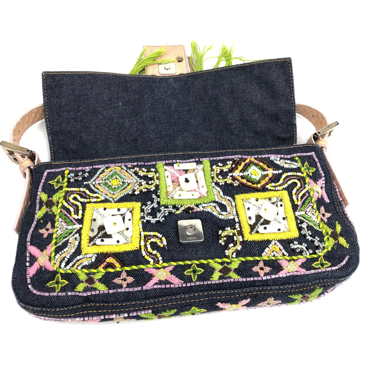 FENDI BEADED DENIM BAGUETTE WITH SNAKESKIN DETAILING