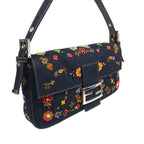 FENDI DENIM FLORAL BEADED BAGUETTE BAG