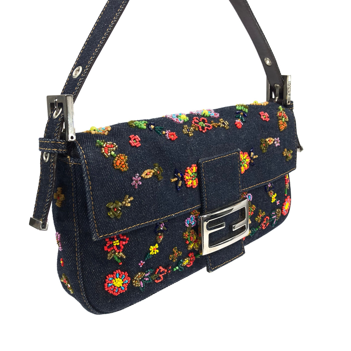 FENDI DENIM FLORAL BEADED BAGUETTE BAG