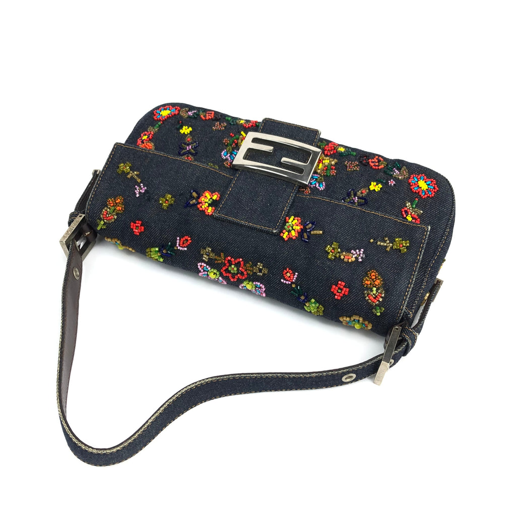 FENDI DENIM FLORAL BEADED BAGUETTE BAG