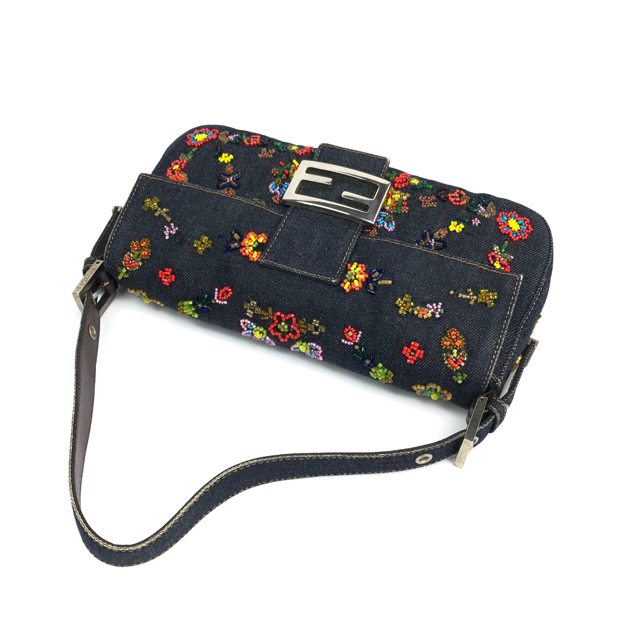 FENDI DENIM FLORAL BEADED BAGUETTE BAG