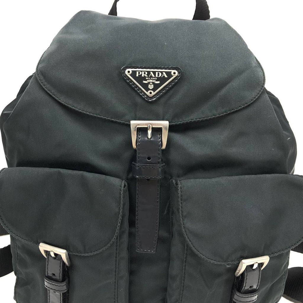 PRADA NYLON DOUBLE BUCKLE BACKPACK DARK GREY/GREEN
