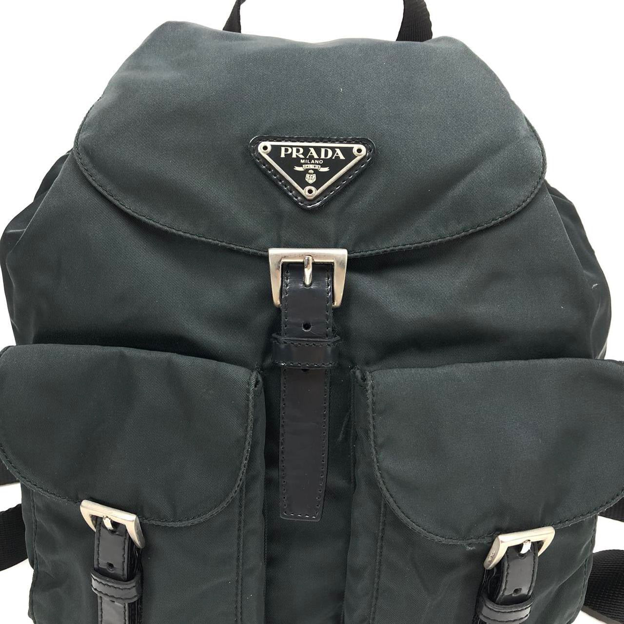 PRADA NYLON DOUBLE BUCKLE BACKPACK DARK GREY/GREEN