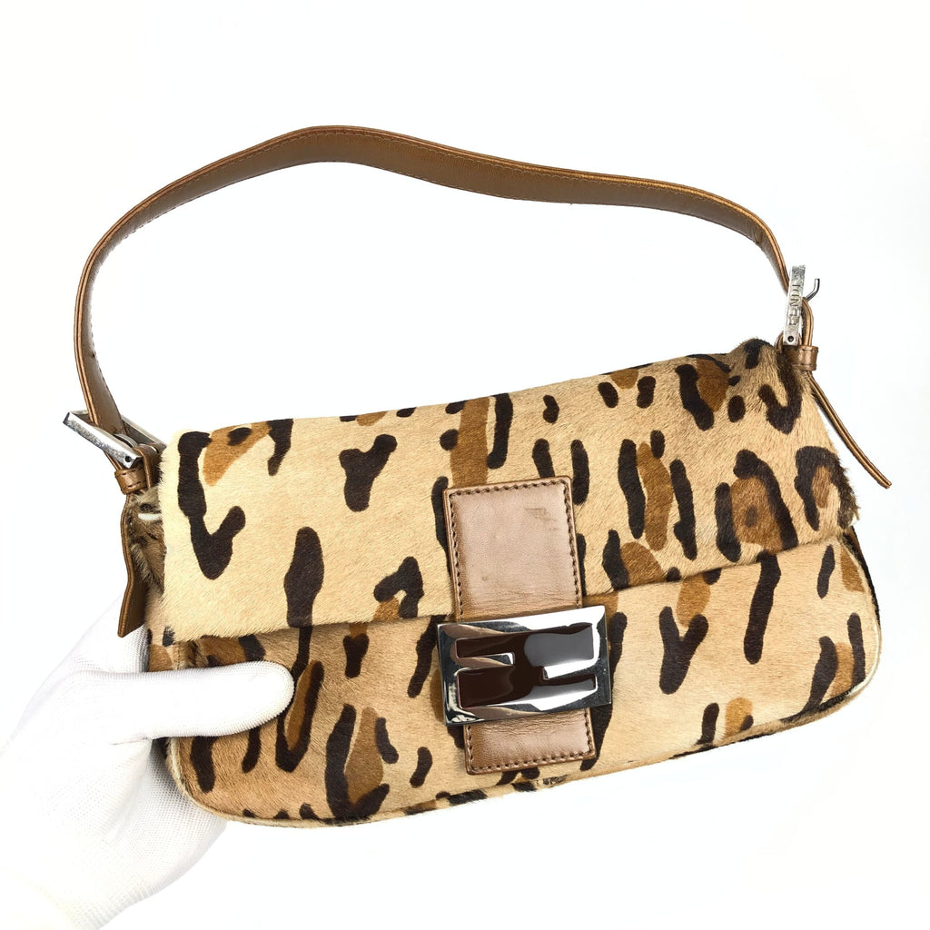 FENDI LEOPARD CALF HAIR BAGUETTE SHOULDER BAG
