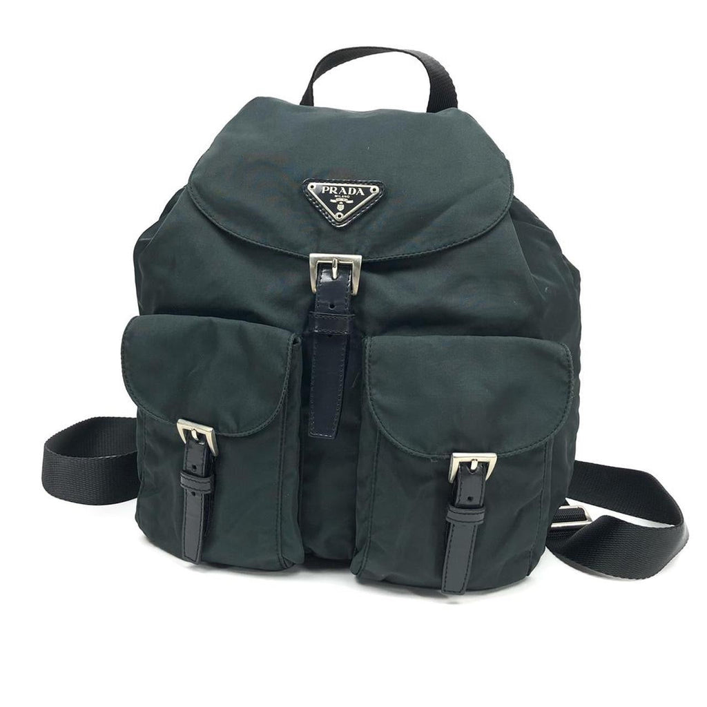 PRADA NYLON DOUBLE BUCKLE BACKPACK DARK GREY/GREEN