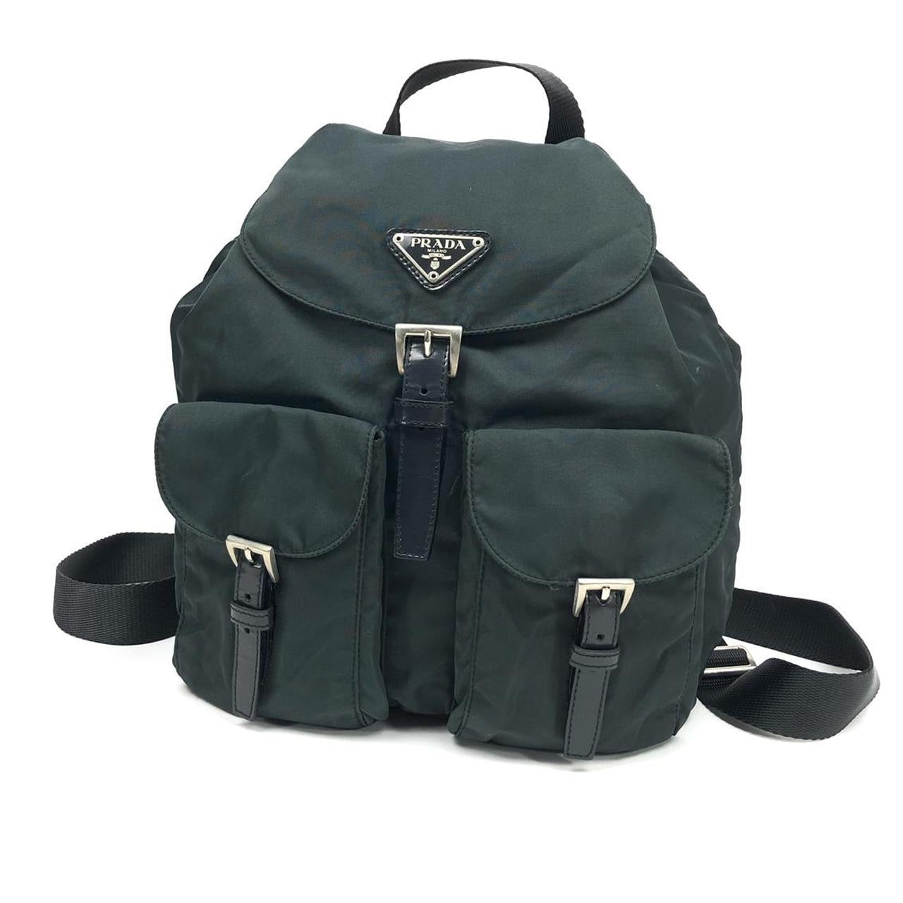 PRADA NYLON DOUBLE BUCKLE BACKPACK DARK GREY/GREEN