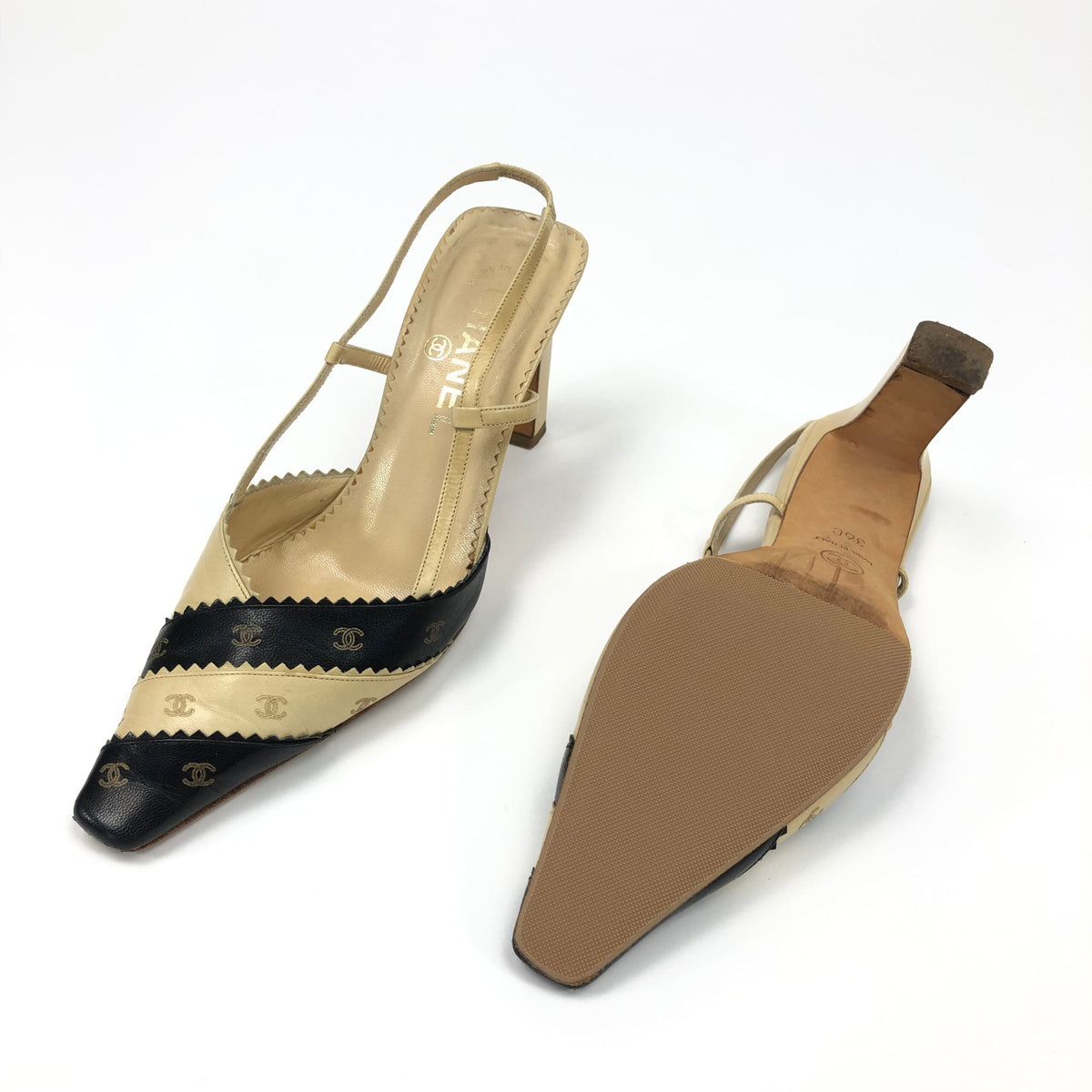 CHANEL LOGO SLING-BACK MULE HEELS