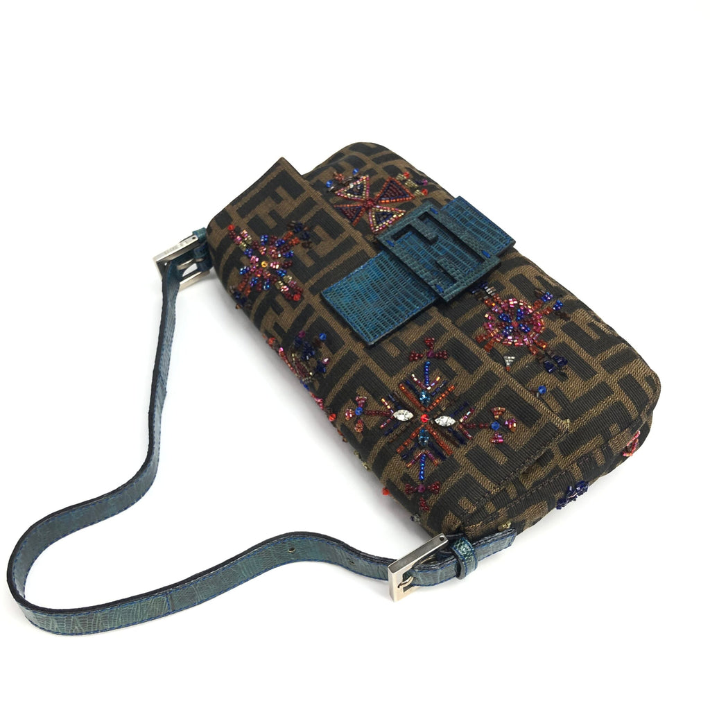 FENDI ZUCCA FLORAL BEADED BAGUETTE BAG WITH EXOTIC LIZARD DETAILING