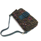 FENDI ZUCCA FLORAL BEADED BAGUETTE BAG WITH EXOTIC LIZARD DETAILING