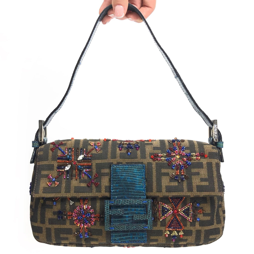 FENDI ZUCCA FLORAL BEADED BAGUETTE BAG WITH EXOTIC LIZARD DETAILING