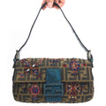 FENDI ZUCCA FLORAL BEADED BAGUETTE BAG WITH EXOTIC LIZARD DETAILING