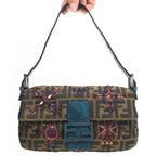 FENDI ZUCCA FLORAL BEADED BAGUETTE BAG WITH EXOTIC LIZARD DETAILING