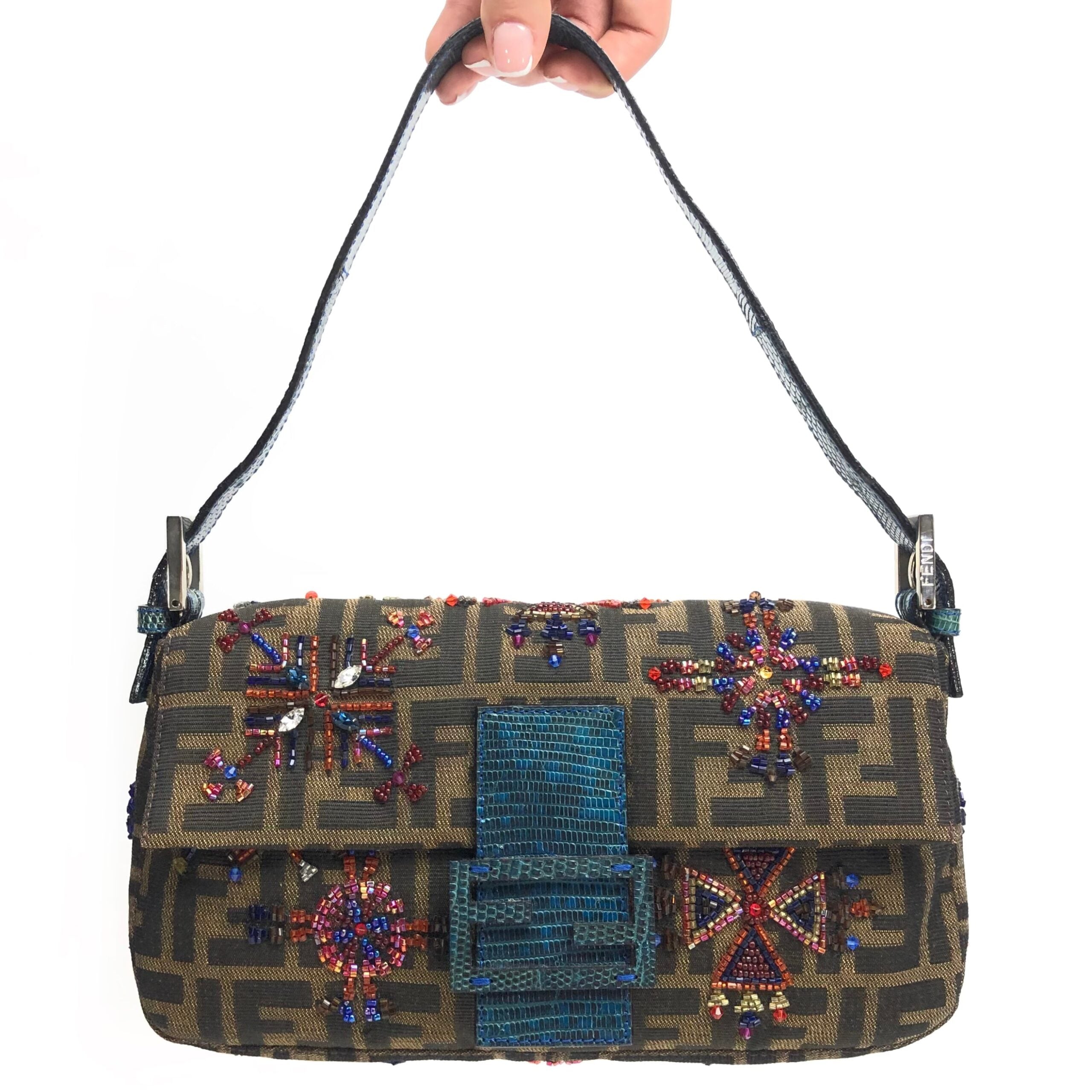 FENDI ZUCCA FLORAL BEADED BAGUETTE BAG WITH EXOTIC LIZARD DETAILING