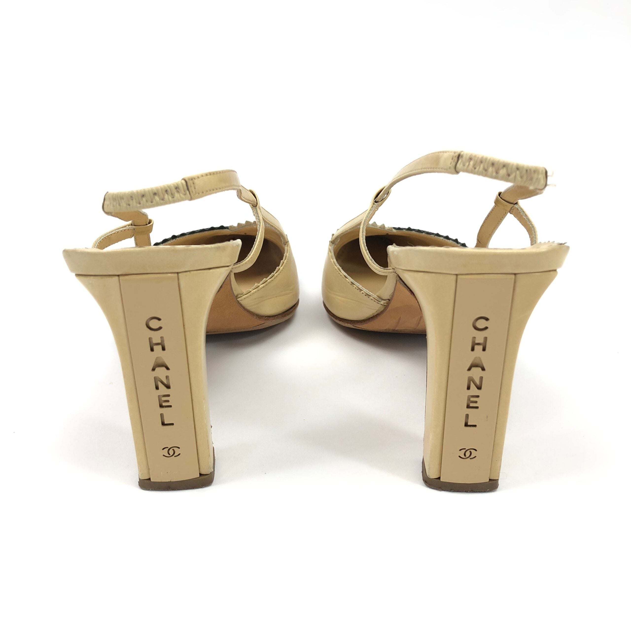 CHANEL LOGO SLING-BACK MULE HEELS