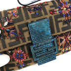 FENDI ZUCCA FLORAL BEADED BAGUETTE BAG WITH EXOTIC LIZARD DETAILING