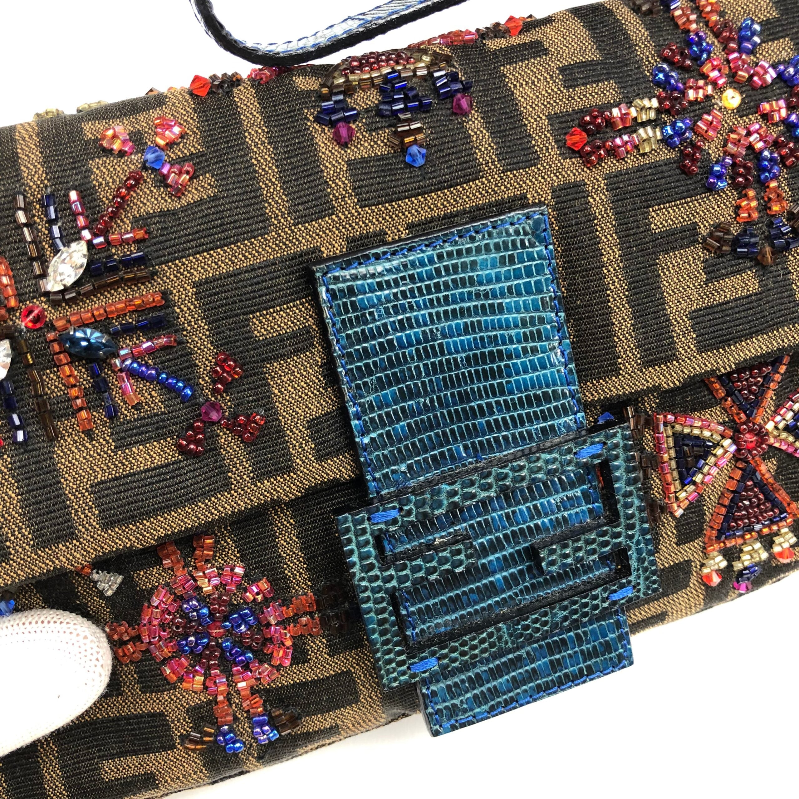 FENDI ZUCCA FLORAL BEADED BAGUETTE BAG WITH EXOTIC LIZARD DETAILING
