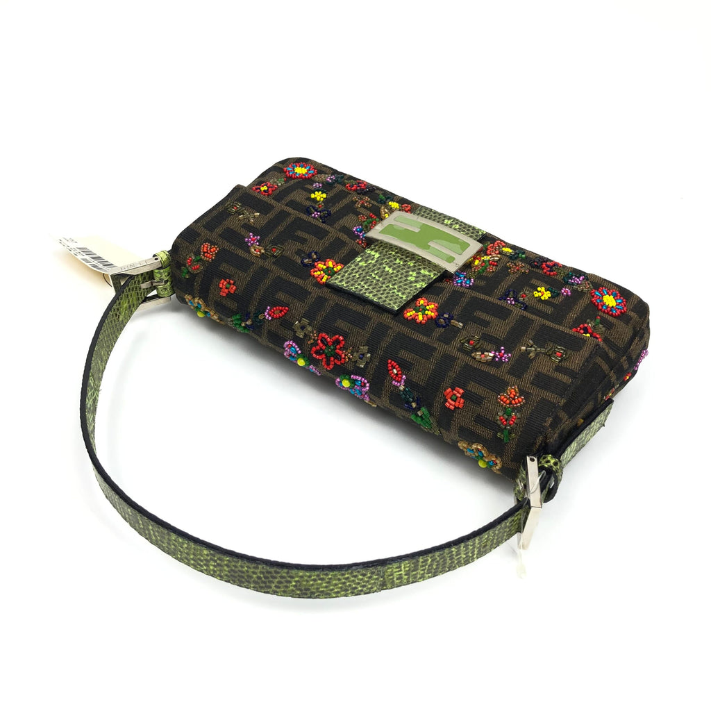FENDI ZUCCA FLORAL BEADED BAGUETTE BAG WITH EXOTIC LIZARD DETAILING