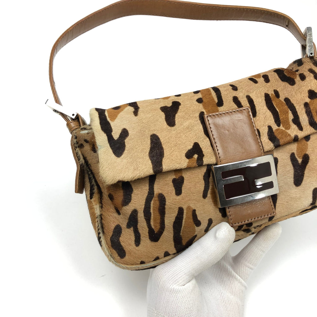 FENDI LEOPARD CALF HAIR BAGUETTE SHOULDER BAG