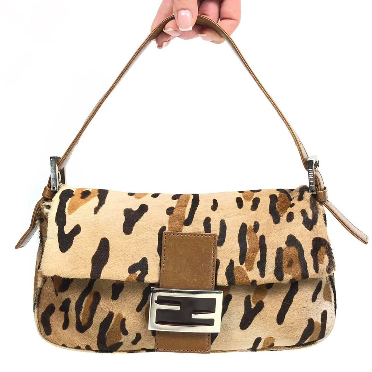 FENDI LEOPARD CALF HAIR BAGUETTE SHOULDER BAG