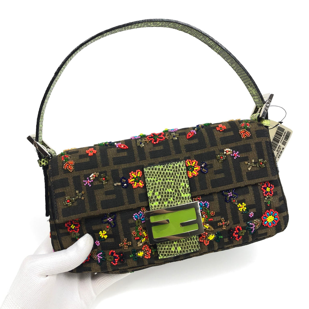 FENDI ZUCCA FLORAL BEADED BAGUETTE BAG WITH EXOTIC LIZARD DETAILING