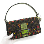 FENDI ZUCCA FLORAL BEADED BAGUETTE BAG WITH EXOTIC LIZARD DETAILING