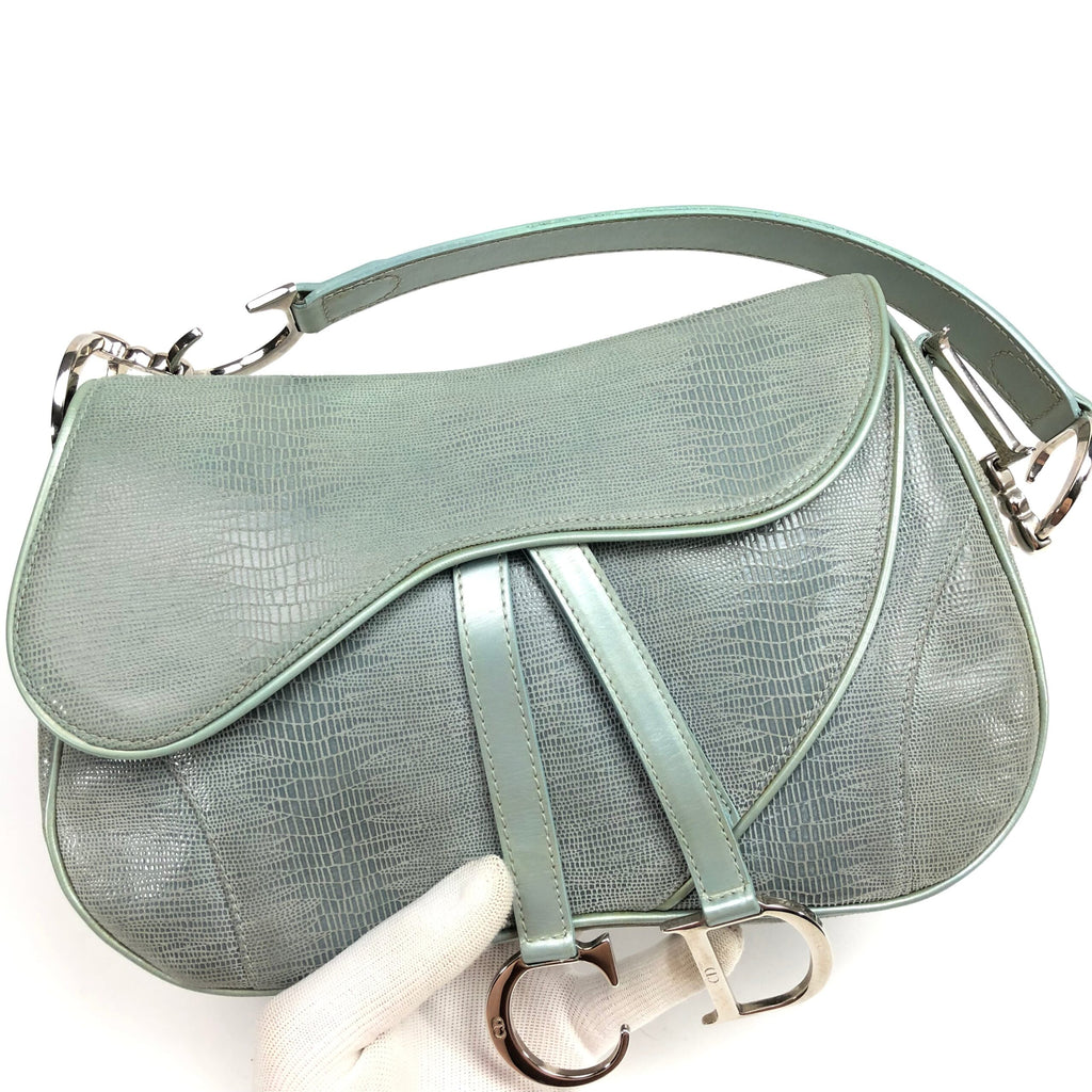 CHRISTIAN DIOR EXOTIC SOFT LIZARD LEATHER DOUBLE SADDLE BAG IN DUCK EGG BLUE