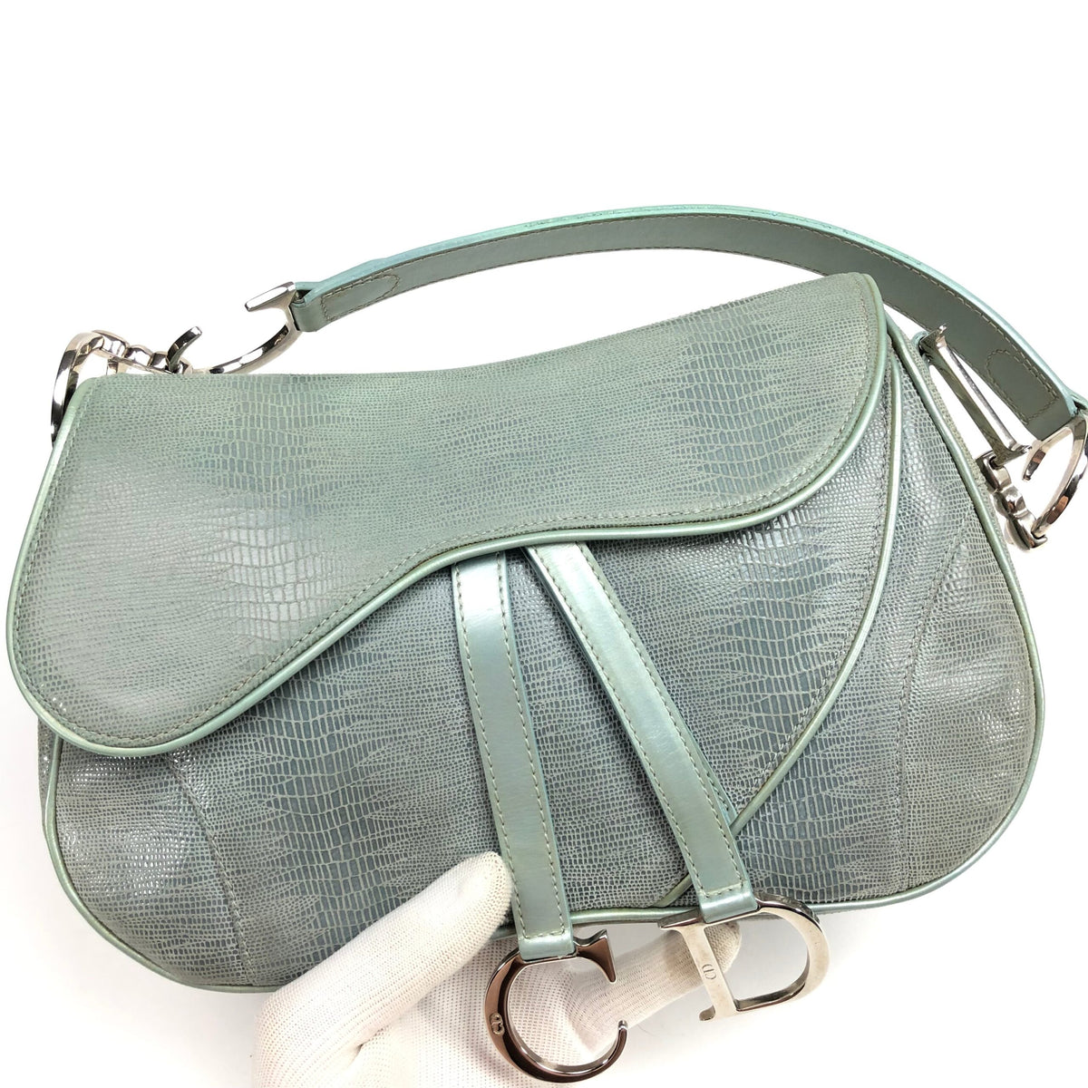 CHRISTIAN DIOR EXOTIC SOFT LIZARD LEATHER DOUBLE SADDLE BAG IN DUCK EGG BLUE