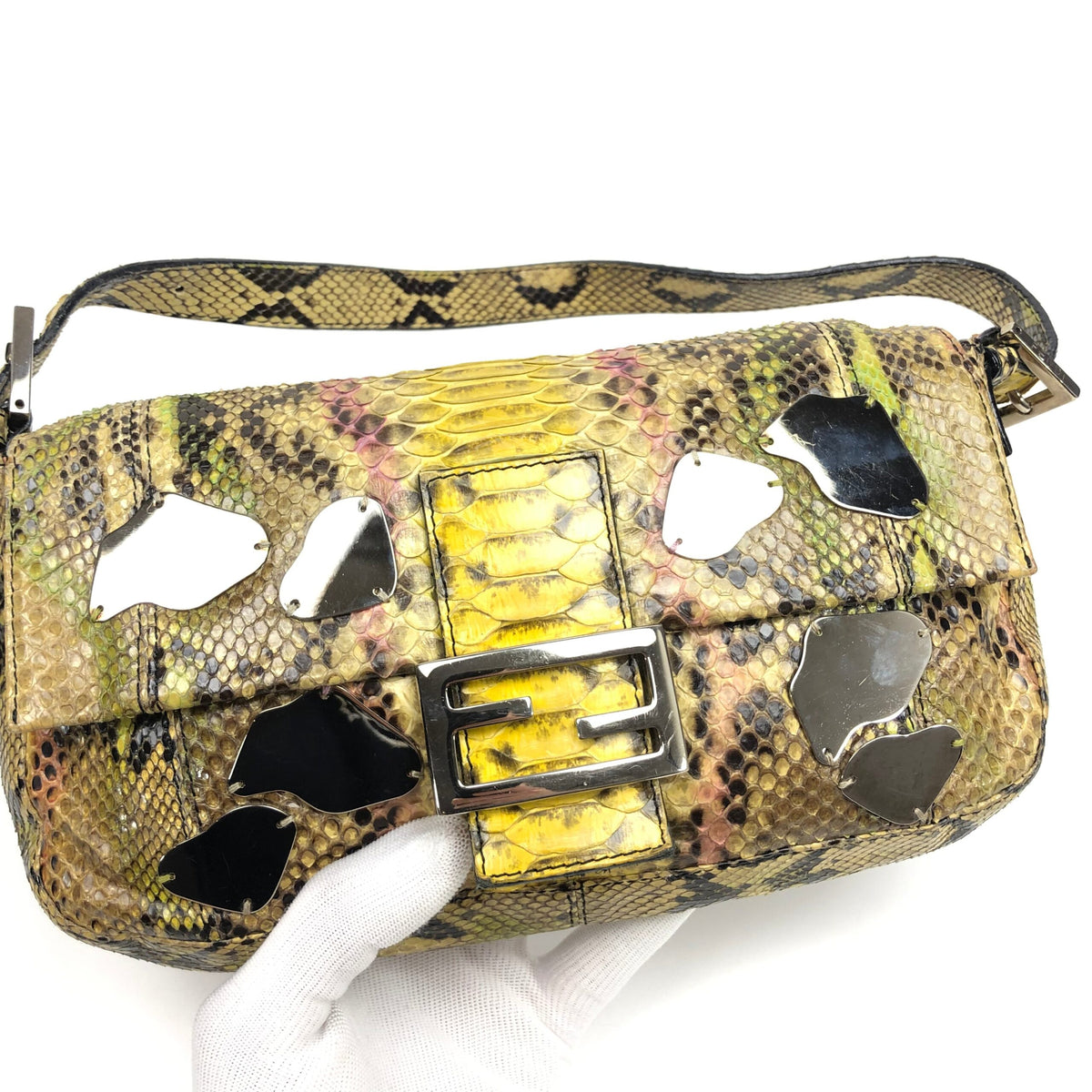 FENDI MULTI COLOUR PYTHON SNAKESKIN BAGUETTE SHOULDER BAG WITH METAL/MIRROR DETAILING