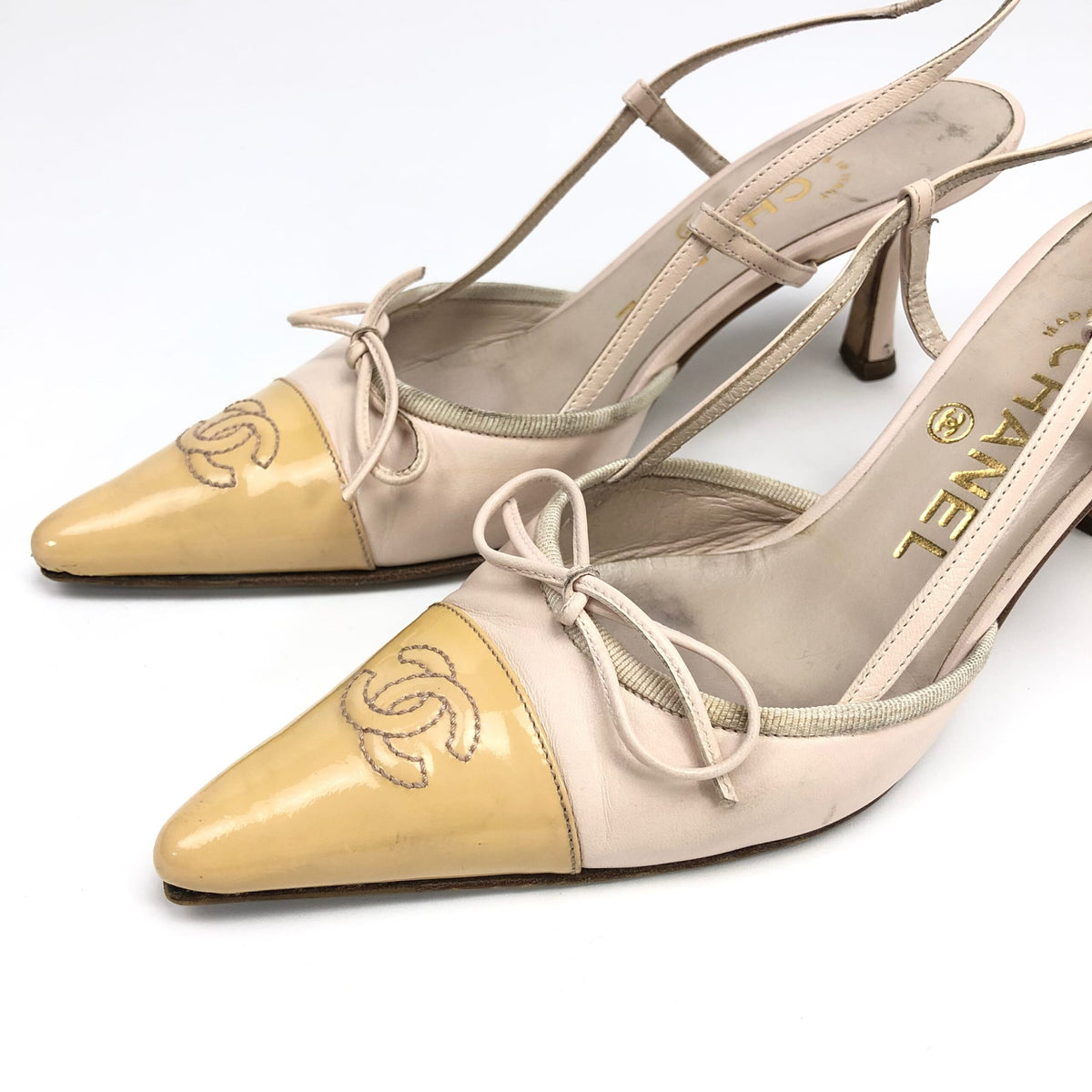 CHANEL LOGO BOW SLING-BACK MULE HEELS -  UK 2.5 / US 4.5 / EU 35.5