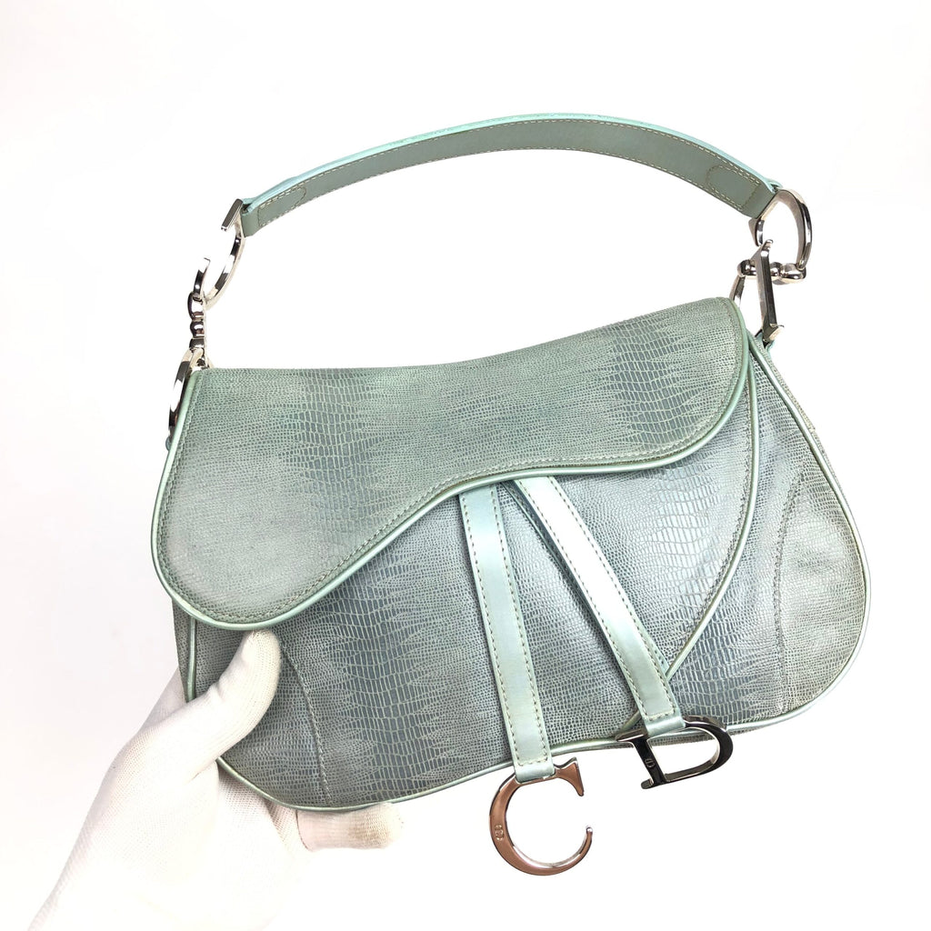 CHRISTIAN DIOR EXOTIC SOFT LIZARD LEATHER DOUBLE SADDLE BAG IN DUCK EGG BLUE