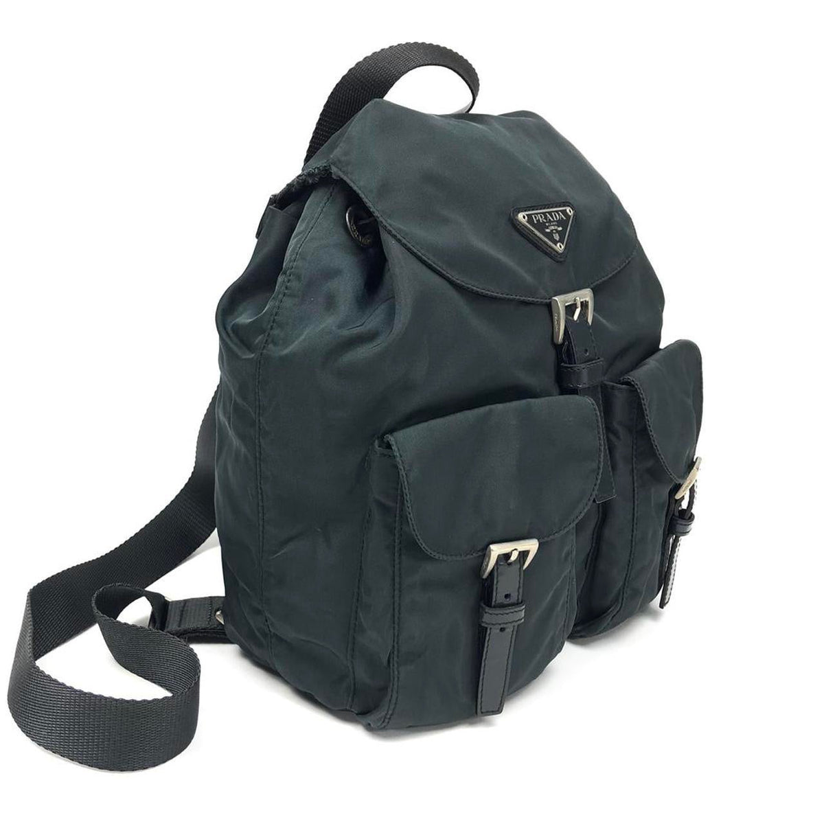 PRADA NYLON DOUBLE BUCKLE BACKPACK DARK GREY/GREEN