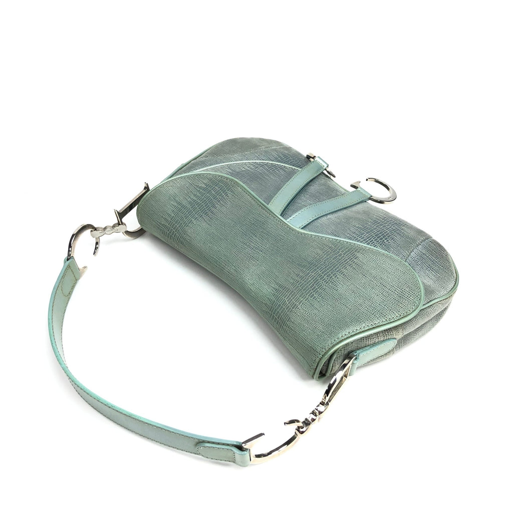CHRISTIAN DIOR EXOTIC SOFT LIZARD LEATHER DOUBLE SADDLE BAG IN DUCK EGG BLUE